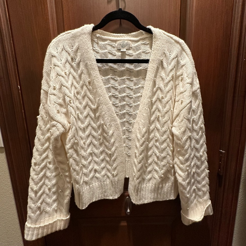 Cream Chevron Knit Open Front Cardigan